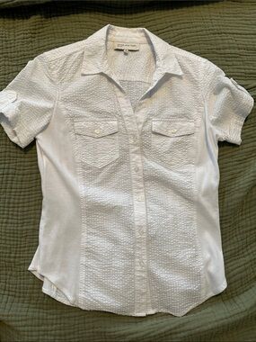 Jones New York White Short-Sleeve Textured Cotton Button-Down Shirt Sz Small